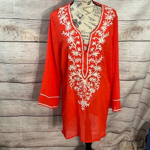 Club Z Collection Swim CoverUp Sheer Embroidered Long Sleeves Size Large - Picture 1 of 9